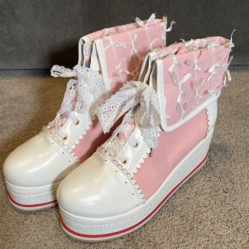 Women’s Platform Wedge Boots Pink & White Size EU 46 (13.5 US) NEW